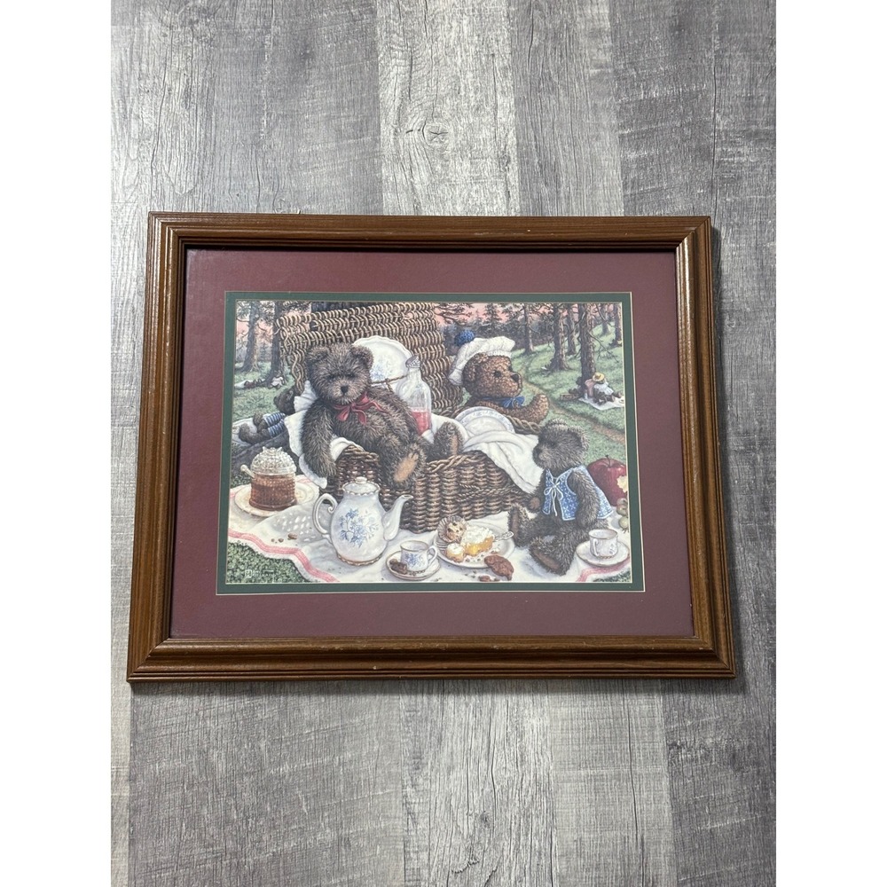 Janet Kruskamp Teddy Bear Picnic Framed Art Print 22x18 Wood Frame Cottagecore